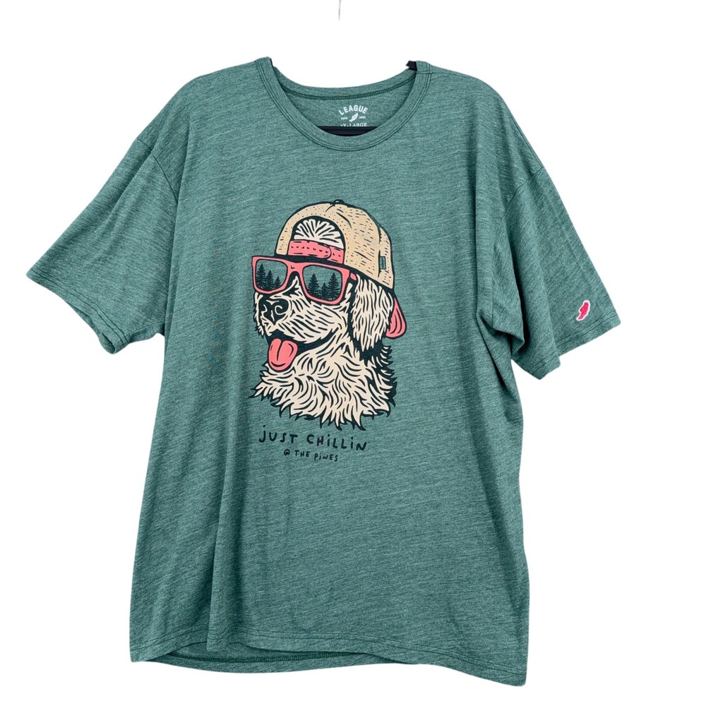 League Just Chillin Dog Graphic Tee Mens 2XL Poly Cotton Rayon Green